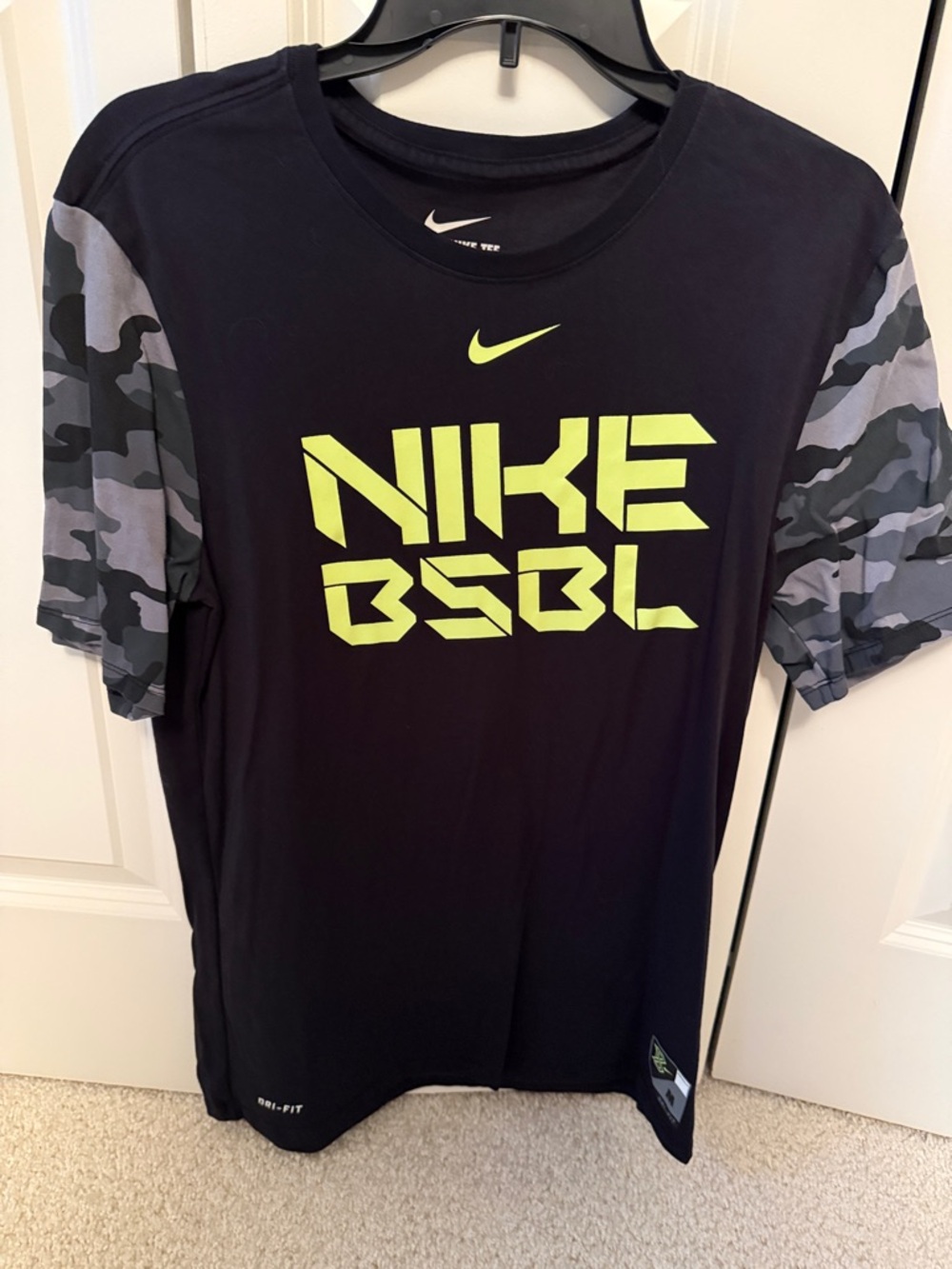Nike Black Tee with Neon Yellow Logo and Gray Camo Sleeves